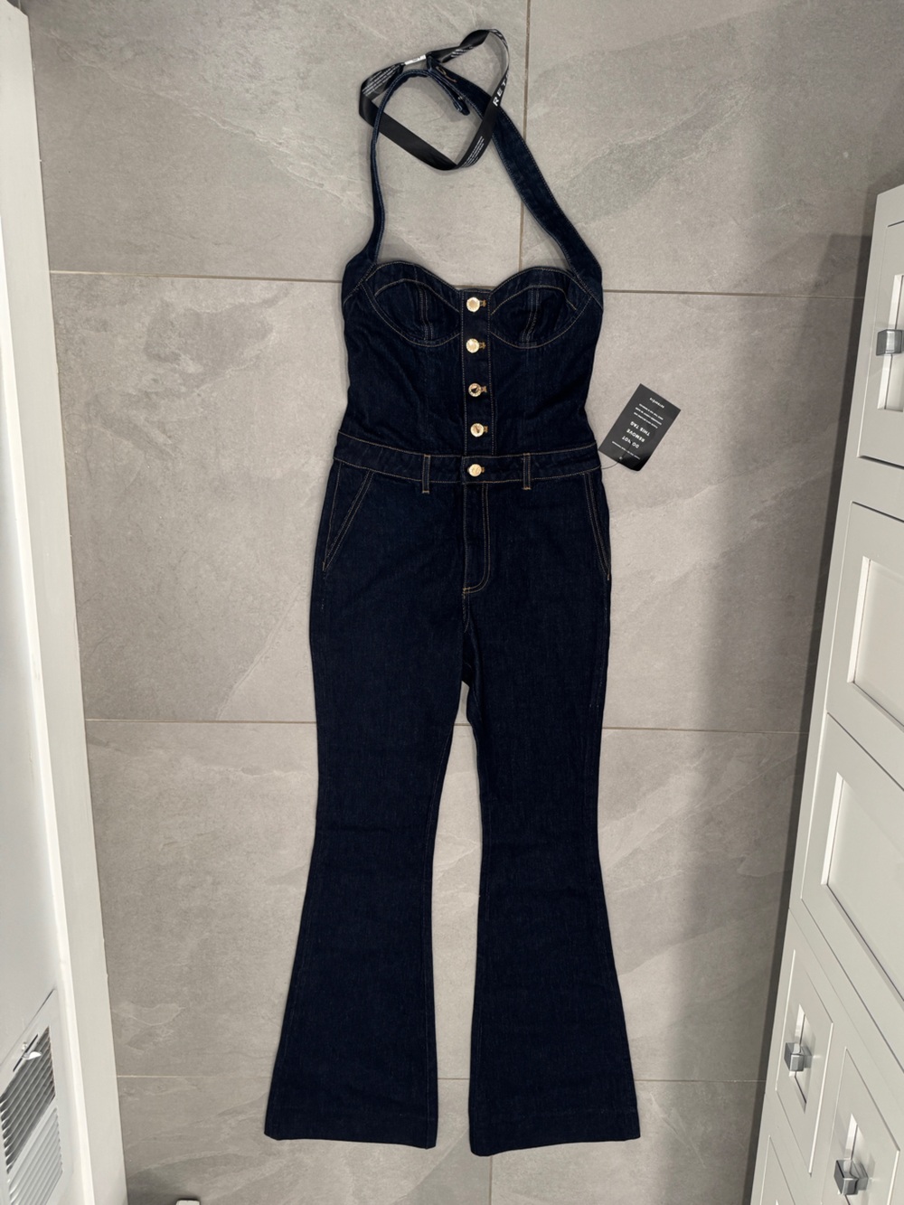 Retrofete Dark Indigo Denim Halter Jumpsuit